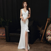 一半盛装2023白色晚礼服女高级气质优雅名媛主持人婚礼鱼尾长裙