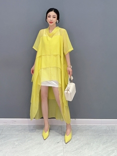 2023夏季韩版时尚，纯色前短后长连衣裙，防晒气质百搭女装