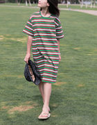 欢喜布衣夏季质感绿系彩条纹，复古圆领中款针织，t恤裙短袖连衣裙