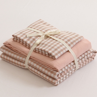 日式良品四件套水洗棉格子，纯棉被套全棉床单人三件套床笠床上用品