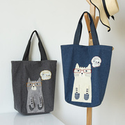 日本立体猫咪刺绣单肩包帆布包水桶包手拎包森女青年学生包袋简约