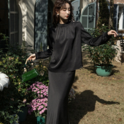 设计感卡其色衬衣，春季法式醋酸缎感衬衫黑色，丝滑鱼尾裙8031