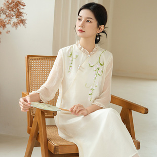 原创禅茶赋2023夏季新中式，国风手绘连衣裙，女白色修身中长裙