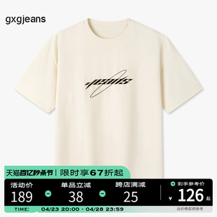 gxgjeans男装 2024年夏季简约字母圆领短袖T恤男米白纯棉体恤