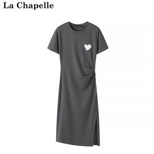 拉夏贝尔/La Chapelle夏季爱心刺绣连衣裙女收腰抽褶圆领裙子