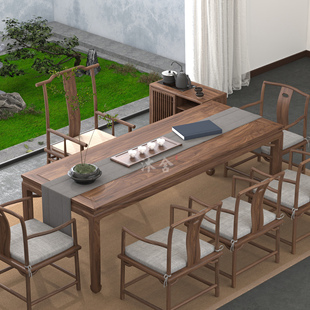 新中式茶桌黑胡桃木实木，茶台禅意简约画案，办公桌老榆木茶桌椅组合