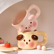 可爱马克杯小猪小狗高颜值创意陶瓷杯子生日礼物女水杯带盖带勺
