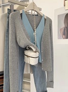 灰色v领不规则假两件针织开衫女春季毛衣外套显瘦短款上衣小个子
