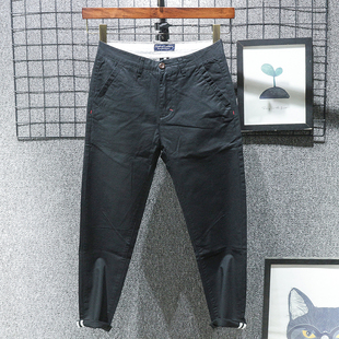 纯棉九分休闲裤男士修身直筒，矮个子布裤，八分春秋款夏季黑色裤子