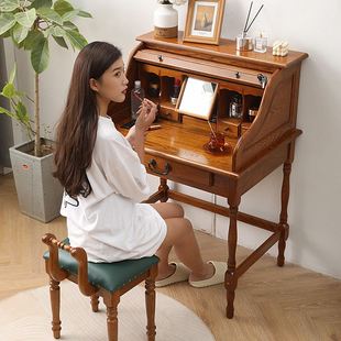 定制纯实木梳妆台美式复古翻盖钢琴环保，儿童书桌一体化妆桌镜子秘