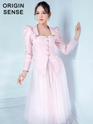 秋冬鸵鸟毛装饰(毛装饰)仙气淑女公主粉色，复古蓬蓬半身裙优雅两件套装