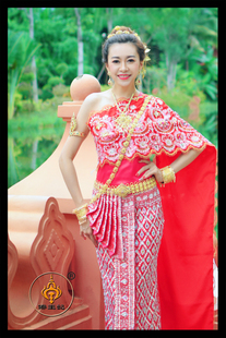 傣王妃服饰泰国婚礼服女大红色婚纱结婚影楼拍照写真纯手工绣珠珠