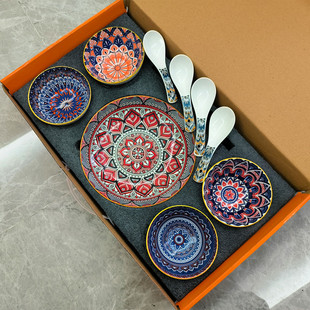 新疆民族风彩绘陶瓷碗盘套装酸奶，茶碗米饭碗碟子勺子菜盘餐具套碗
