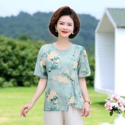 妈妈洋气棉麻上衣中年女装夏装短袖T恤中老年夏季母亲节棉质50岁