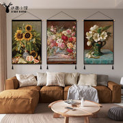 复古花卉油画挂毯客厅，装饰挂画欧美文艺挂布背景，墙布电表箱遮挡布