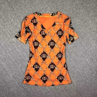 橙色小衫女网纱时尚品牌气质短袖t恤女士上衣洋气女装打底衫