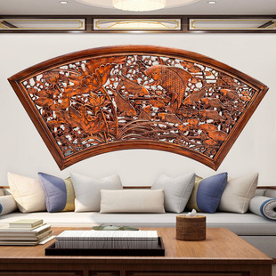 东阳木雕福字挂件客厅扇形挂屏，壁挂背景墙中式仿古实木香樟木玄关