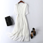 优雅气质白色V领真丝连衣裙夏季收腰显瘦桑蚕丝仙女甜美长裙