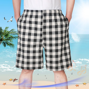 夏季男短睡裤纯棉沙滩裤，男大码格子宽松休闲裤，居家胖子五分短裤薄