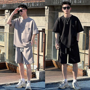 韩系时尚简约纯色休闲运动套装男士夏季潮流宽松短袖+短裤两件套