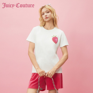 Juicy Couture橘滋2024早春穿搭奶油草莓图毛巾绣女式T恤打底