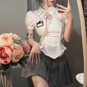 韩版jk制服爱心性感，收腰镂空衬衫，高腰百褶裙半身裙套装女夏季