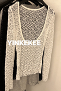 YINKEKEE（3.1上新）韩版洋气简约露背性感透视蕾丝打底上衣女