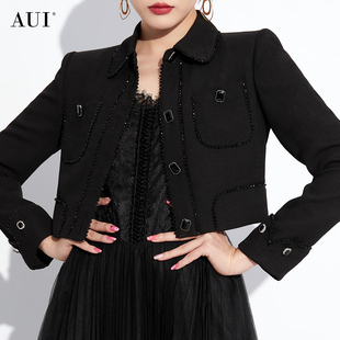 aui黑色设计感小众小香风，短款外套女2023秋季高级感长袖上衣