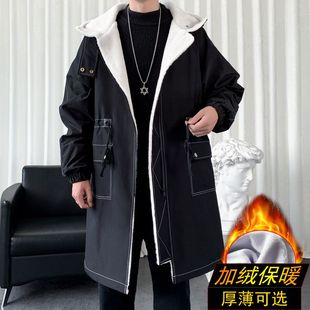 军绿棉大衣男中长款加绒加厚风衣潮牌夹克高档外穿上衣工装外套潮