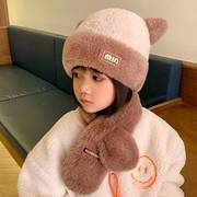儿童帽子冬季女孩保暖加厚针织毛线帽，围巾套装女童防风护耳毛绒帽(毛绒帽)