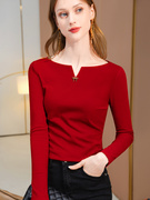 长袖T恤女打底衫春秋款2024高级感红色上衣时尚洋气时髦气质小衫