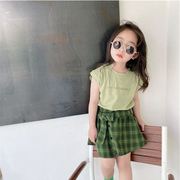 女童夏季套装2024韩版女宝宝，洋气背心纯色，短t恤格子短裙裤子