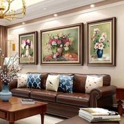 网红客厅装饰画牡丹，欧式油画三联壁画餐厅玄关，美式沙发背景墙