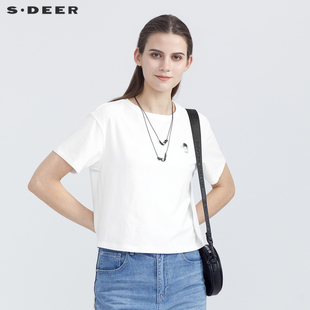 sdeer圣迪奥女装夏季短袖上衣休闲圆领趣味印花白色T恤S21280150