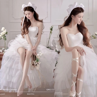 韩版影楼主题可爱甜美少女风写真礼服艺术照前短后长绑带婚纱