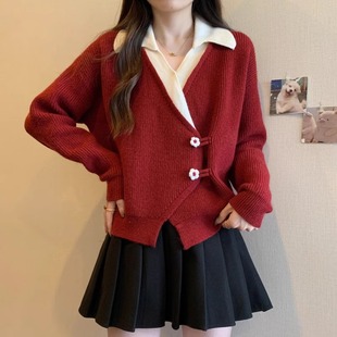 洋气春秋冬红色宽松针织开衫，v领毛衣假两件拼接不规则外套女