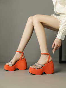 坡跟凉鞋女夏季橘色杏色红色桔色黄色圆头厚底高跟大码小码鞋 YMA