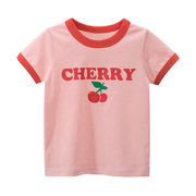 女童粉红樱桃草莓短袖T恤3岁1宝宝圆领上衣小童纯棉夏装2婴儿半袖