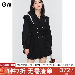 GW大码名媛设计感气质风衣女2024秋季黑色高腰收腰显瘦连衣裙