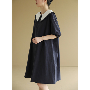 天然出品白色宽边翻领，法式短袖连衣裙黑蓝色，中长裙复古纯色qa5529