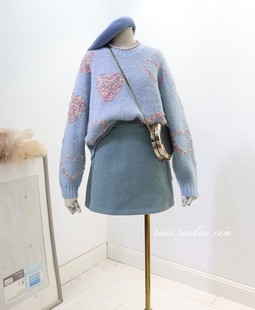 法式爱心拼花套头针织衫，2023冬季少女风圆领，高级羊绒宽松毛衣