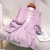 春夏韩版天丝雪纺小西装，外套女薄款紫色，七分袖显瘦西服女上衣