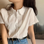 夏季女装韩版批发设计感小众，蕾丝减龄衬衣薄款短袖娃娃领衬衫