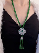 绿色珠珠富贵如意流苏项链女气质镶钻装饰挂件秋冬长款毛衣链