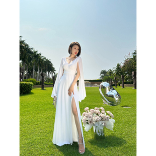 xulu原创高定纯色水晶麻纱时尚，气质显身材褶皱，高腰拼接长袖连衣裙