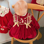 女童冬装连衣裙小女孩洋气红色拜新年加绒公主裙宝宝百日周岁礼服