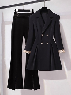 2024春秋胖妹妹赫本风西装外套大码气质高级感黑色西服两件套装裤
