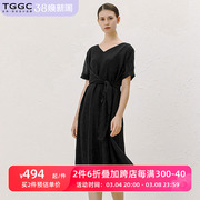 台绣雪纺连衣裙2024夏季收腰系带设计显瘦短袖，a字黑色女长裙