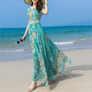 2023夏季时尚气质高端真丝桑，蚕丝连衣裙修身显瘦沙滩度假大摆长裙