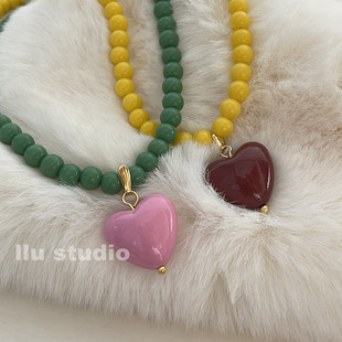 韩式彩色质感撞色串珠糖果色粉色爱心项链绿珠子毛衣链子